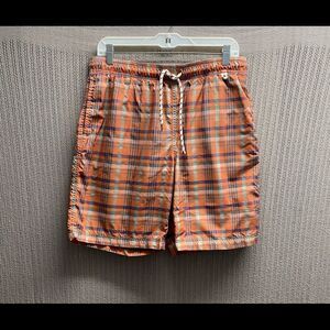 Lands End mens orange plaid swim trunks/board shorts/ size med/ nice fabric